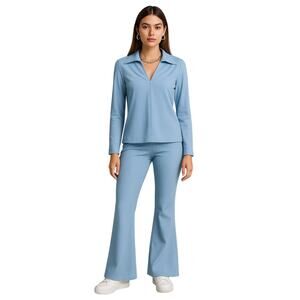 Vintage Manning Silver Light Blue Bell Bottom Pantsuit 70s Disco Set Y2K Revival